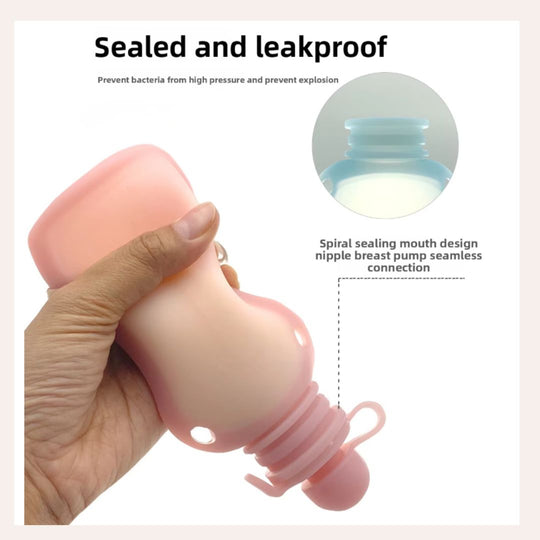 Pink breast pump with sealing mechanism being held, labeled 'Sealed and leakproof'.