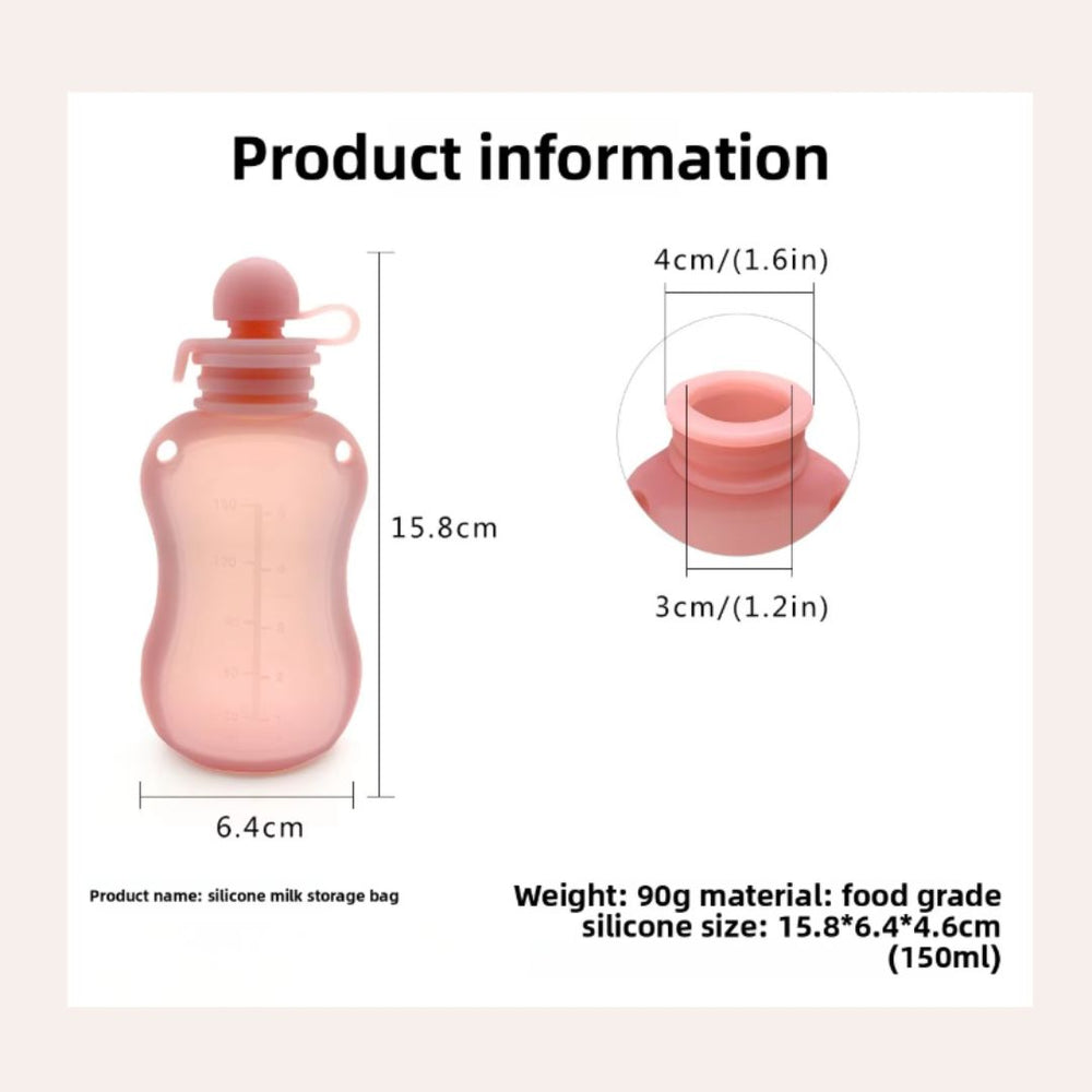 Pink silicone milk storage bag with dimensions and product information on a light pink background