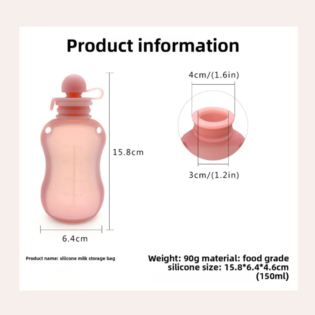 Pink silicone milk storage bag with dimensions and product information on a light pink background