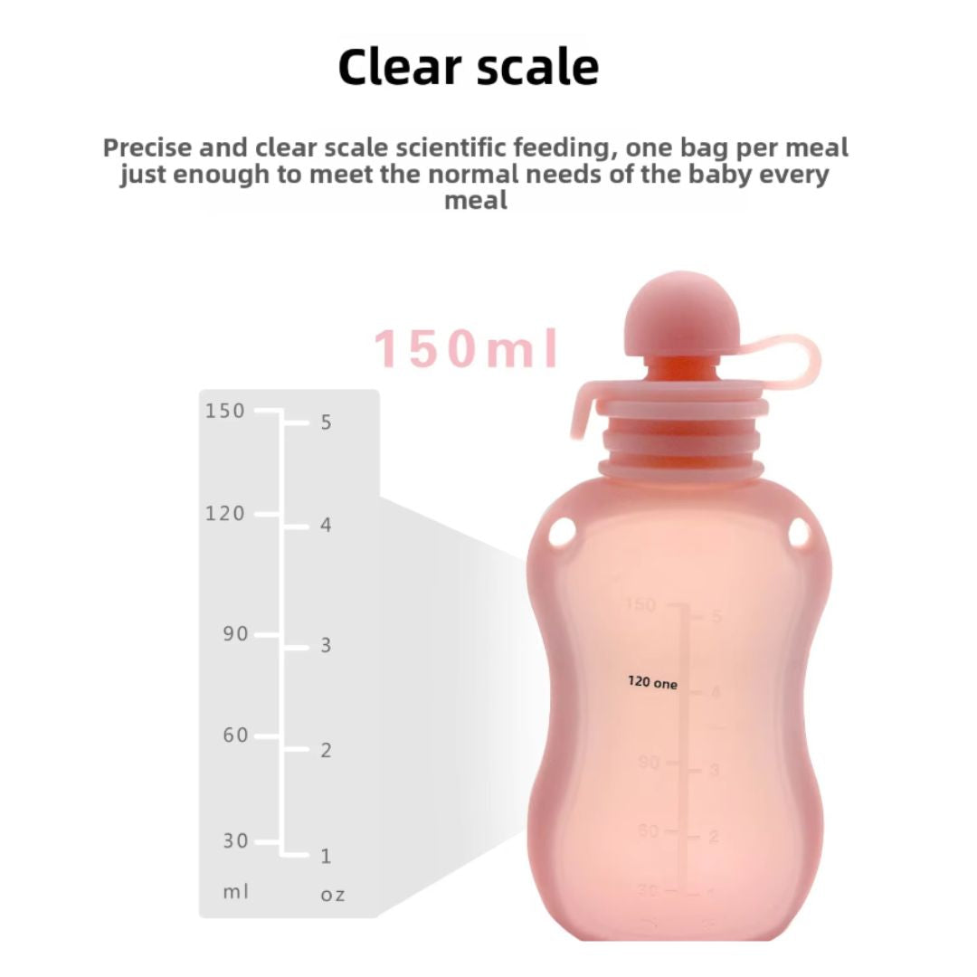 Pink baby bottle with measurement scale on a white background