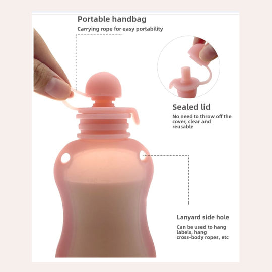 Pink portable handbag with features highlighted on a beige background