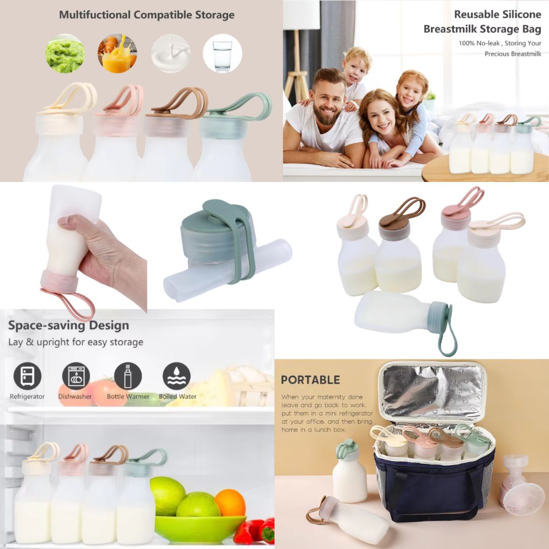 Multifunctional silicone breast milk storage bag with family and refrigerator images.