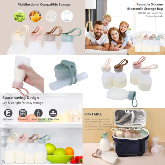 Multifunctional silicone breast milk storage bag with family and refrigerator images.