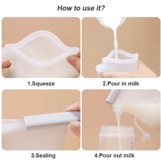 Instructions on how to use a milk pouch with text and images.