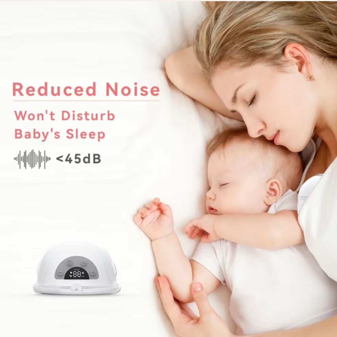 Woman holding a baby next to a white noise machine with text indicating reduced noise levels.