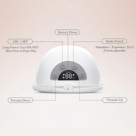 White electronic device with control buttons and display on a light pink background