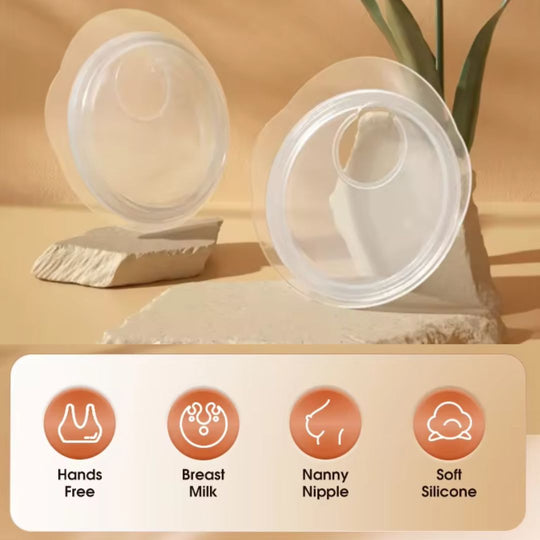 Silicone nursing pads on a beige background with features listed below