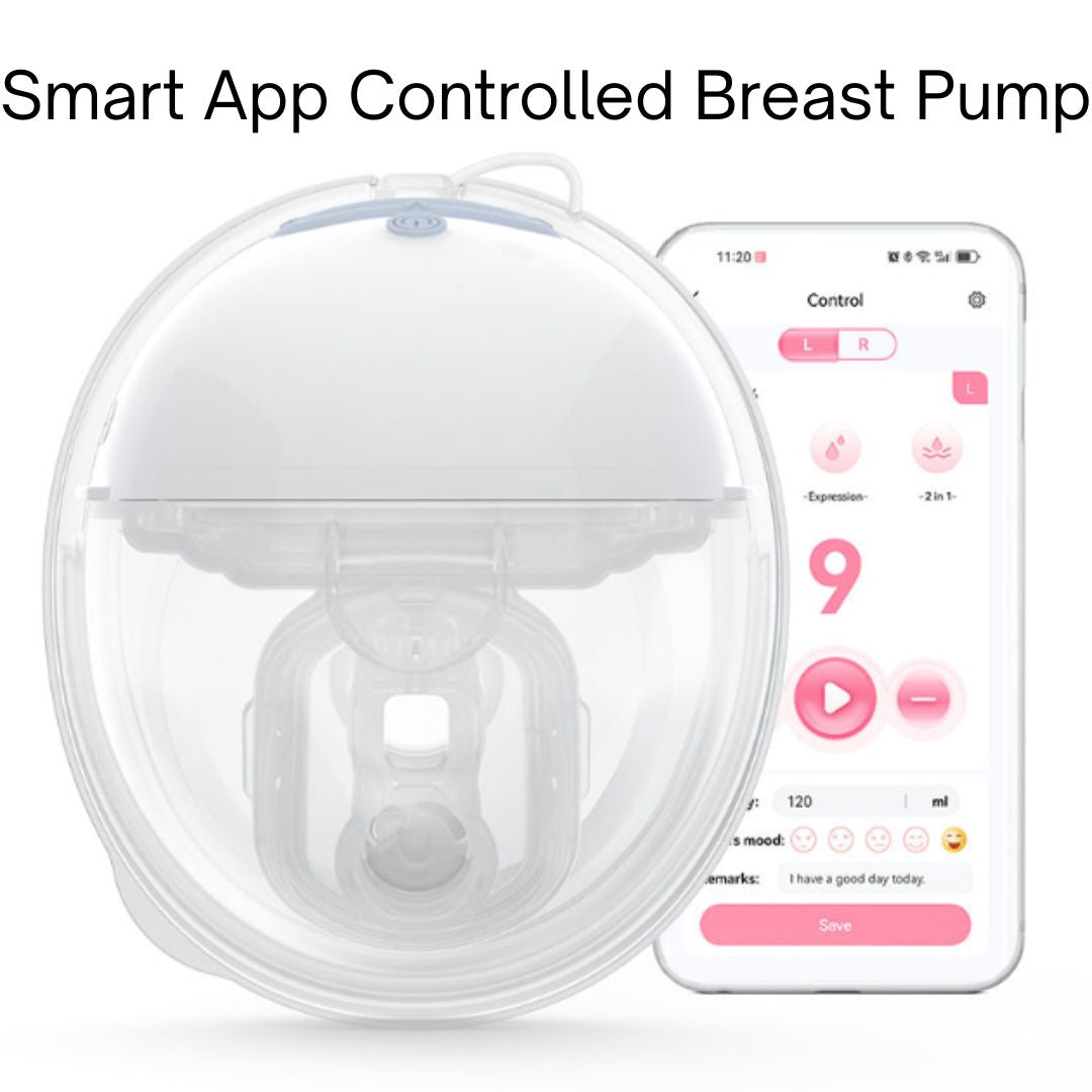Smart app-controlled breast pump with smartphone displaying control interface on a white background