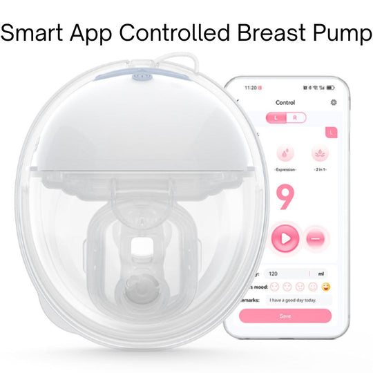 Smart app-controlled breast pump with smartphone displaying control interface on a white background