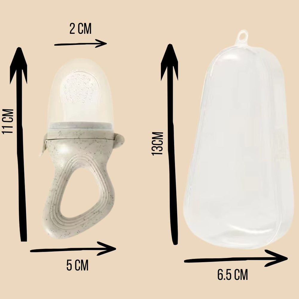 Measurement chart showing dimensions of a baby teether and a pacifier on a beige background.