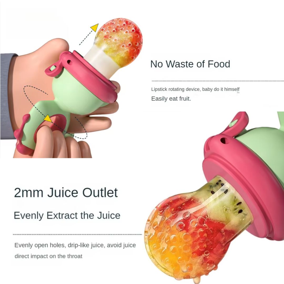 Baby fruit feeder with colorful fruit inside, held by a hand, on a white background.