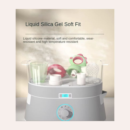 Baby bottle sterilizer with liquid silica gel soft fit feature on a light background